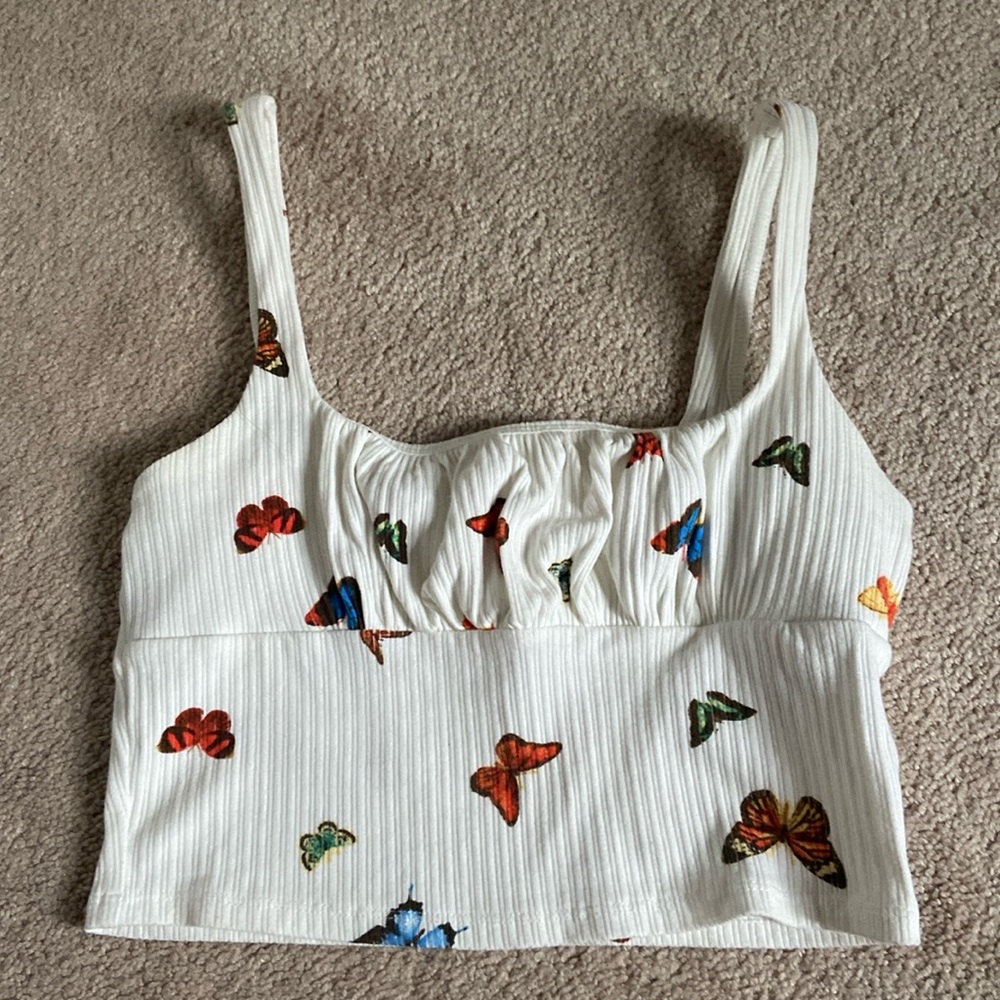 White Ribbed Crop Top With Butterflies